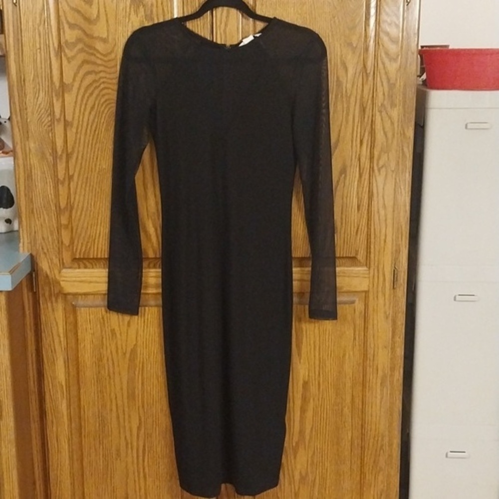 H & M NWT Women's Black Midi Dress‎ Sheer Sleeves Size Small V-Mesh Inset Front